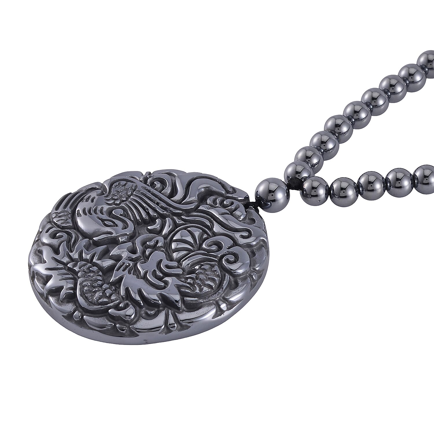 Terahertz Carved Dragon Medallion Necklace (Size - 20) in Rhodium Overlay Sterling Silver 255.00 Ct