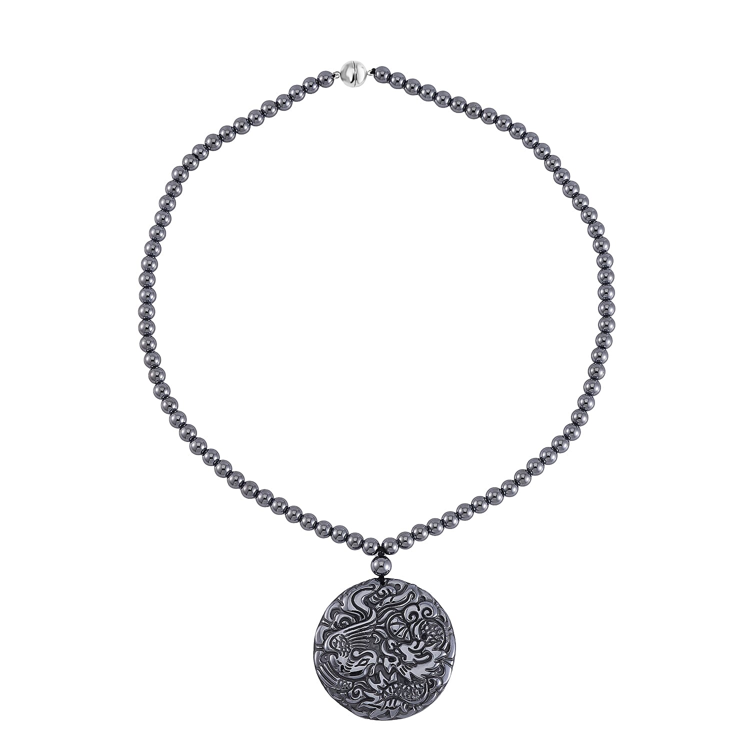 Terahertz Carved Dragon Medallion Necklace (Size - 20) in Rhodium Overlay Sterling Silver 255.00 Ct
