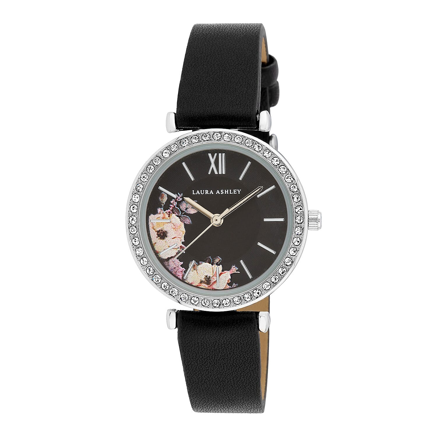 Laura Ashley Ladies Floral Dial Vegan Leather Strap Watch - Black