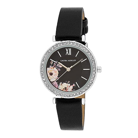 Laura Ashley Ladies Floral Dial Vegan Leather Strap Watch - Black