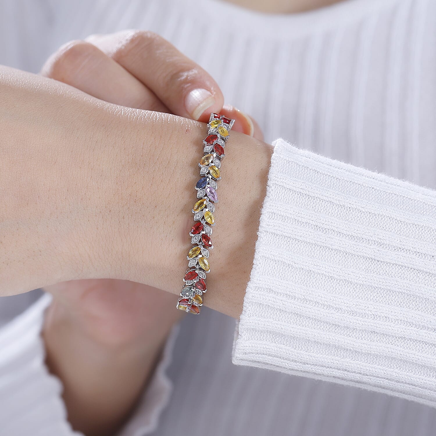 Multi Sapphire & Natural Zircon Link Bracelet With Lock Box (Size - 7) in Rhodium Overlay Sterling Silver 10.27 Ct