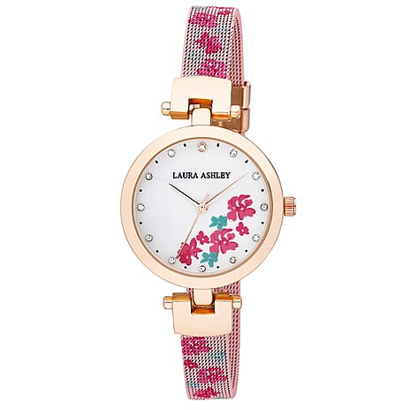 Laura Ashley Quartz Movt. Ladies Watch with Printed Floral Mesh Skinny Strap - Pink