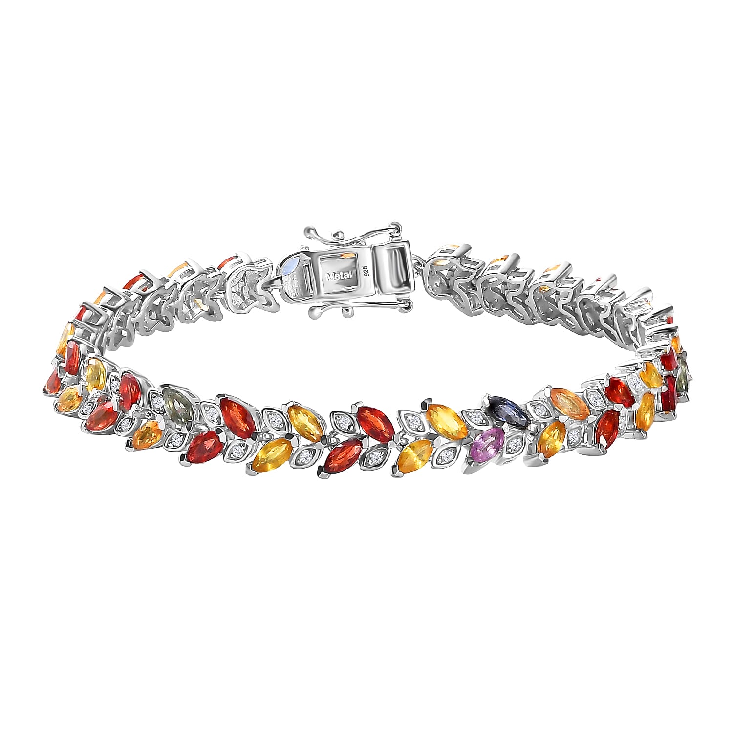 Rainbow Sapphire & Natural Zircon Link Bracelet (Size - 7.5) in Rhodium Overlay Sterling Silver 11.48 Ct, Silver Wt. 12.75 Gms