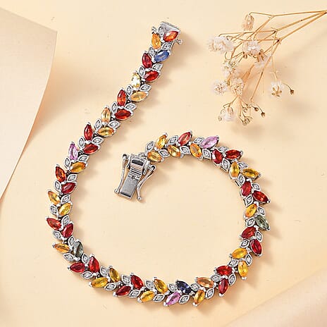 Rainbow Sapphire & Natural Zircon Link Bracelet (Size - 7.5) in Rhodium Overlay Sterling Silver 11.48 Ct, Silver Wt. 12.75 Gms