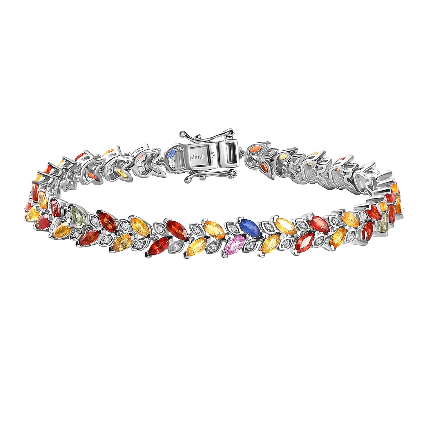 Rainbow Sapphire & Natural Zircon Link Bracelet (Size - 8) in Rhodium Overlay Sterling Silver 11.91 Ct, Silver Wt. 12.72 Gms