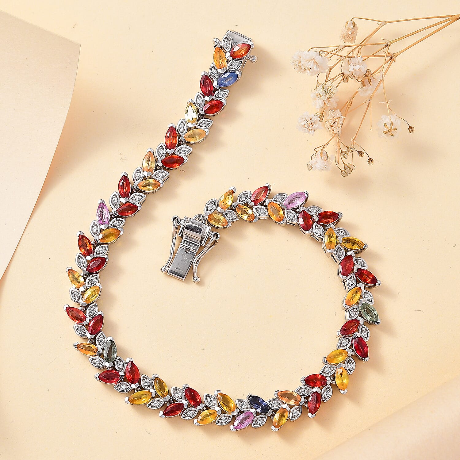 Rainbow Sapphire & Natural Zircon Link Bracelet (Size - 8) in Rhodium Overlay Sterling Silver 11.91 Ct, Silver Wt. 12.72 Gms