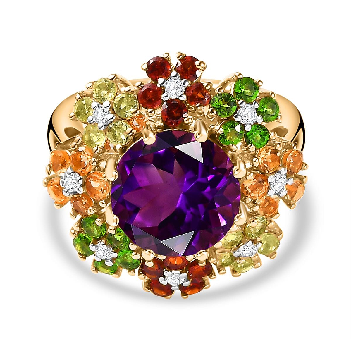 Moroccan Amethyst & Multi Gemstone Flower Ring in 18K Gold Vermeil Sterling Silver 5.66 Ct.