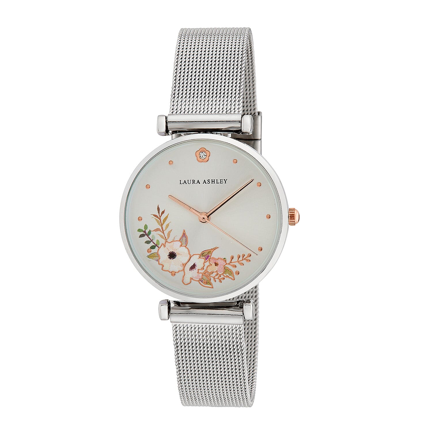 Laura Ashley Womens 32mm Engraved Floral Printed Watch with Mesh Strap in Silver Tone