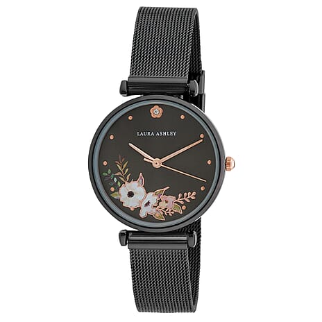 Laura Ashley Womens 32mm Engraved Floral Printed Watch with Mesh Strap in Black Tone