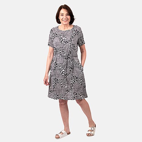 Pure and Natural 100% Viscose Woven Knee Length Dress with Short Sleeve (Size XL) - Black