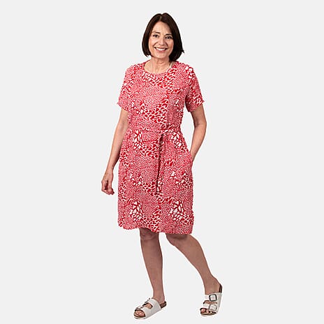 Pure and Natural 100% Viscose Woven Knee Length Dress with Short Sleeve (Size L) - Red