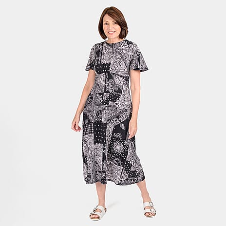100% Cotton Printed Pattern Maxi Dress (Size 10) - Black - White