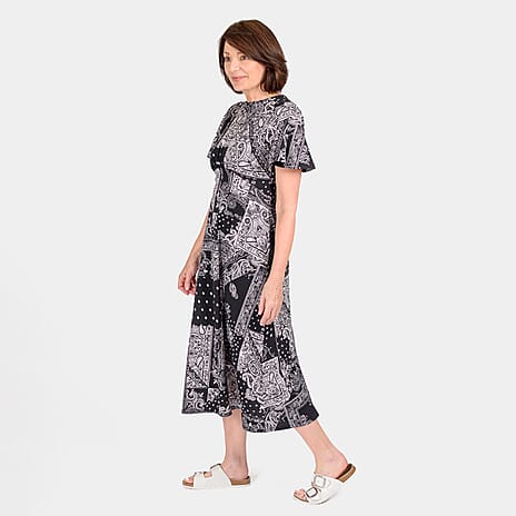 100% Cotton Printed Pattern Maxi Dress (Size 10) - Black - White