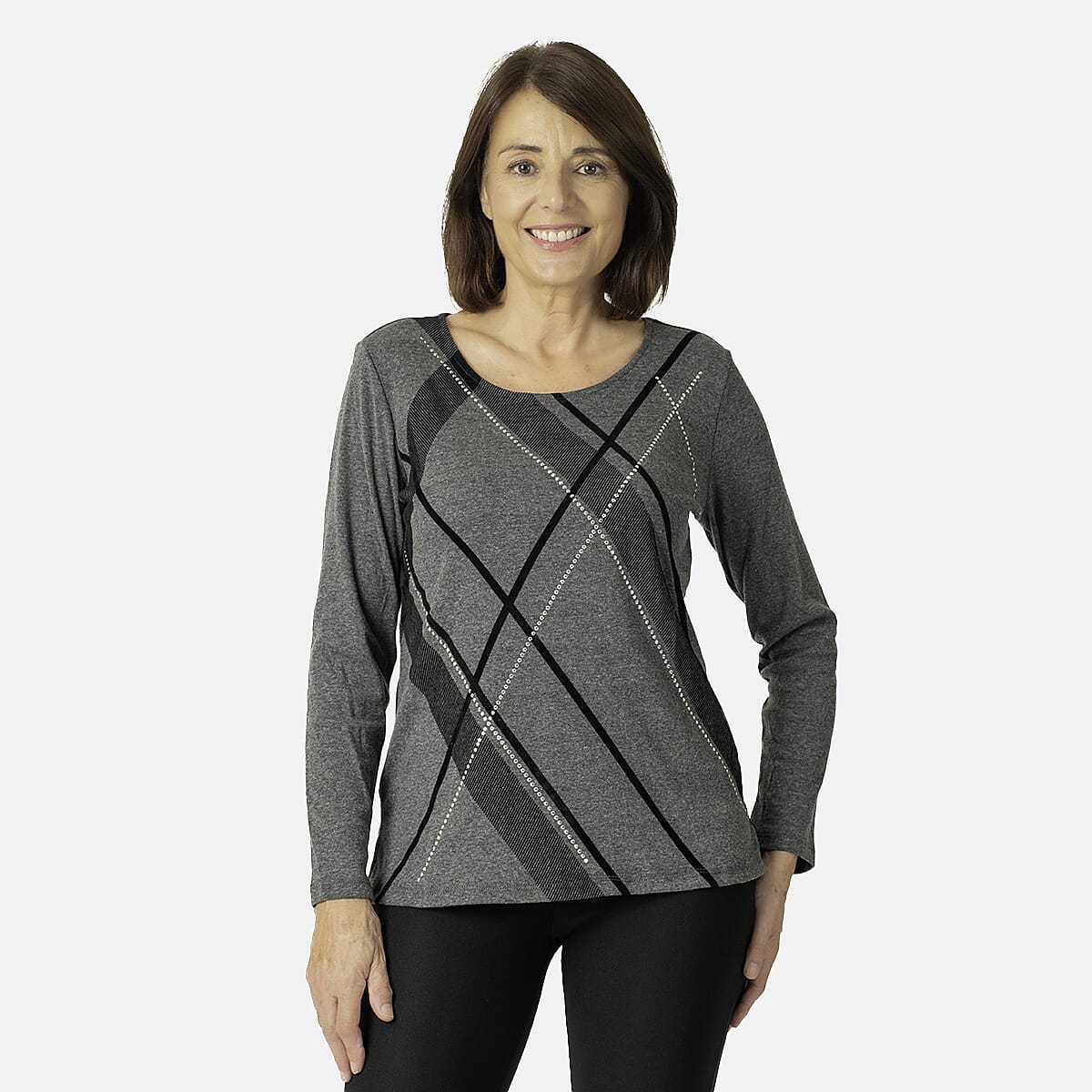 Stripe Print Full Sleeve Polyester Top - Grey & Black - Size 12