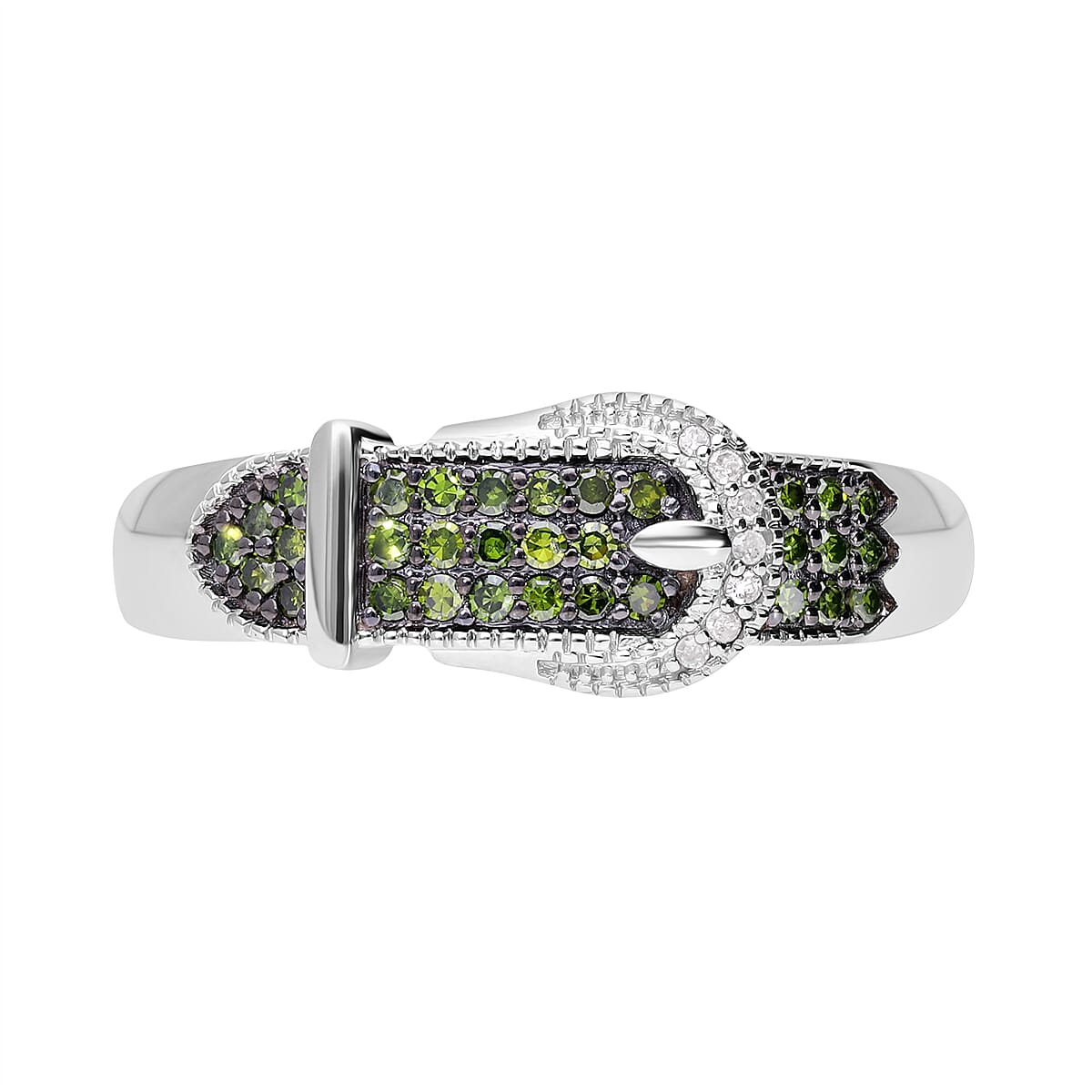 Designer Inspired Closeout - Green Diamond with White Diamond  Buckle Ring in Platinum Overlay Sterling Silver 0.25 Ct
