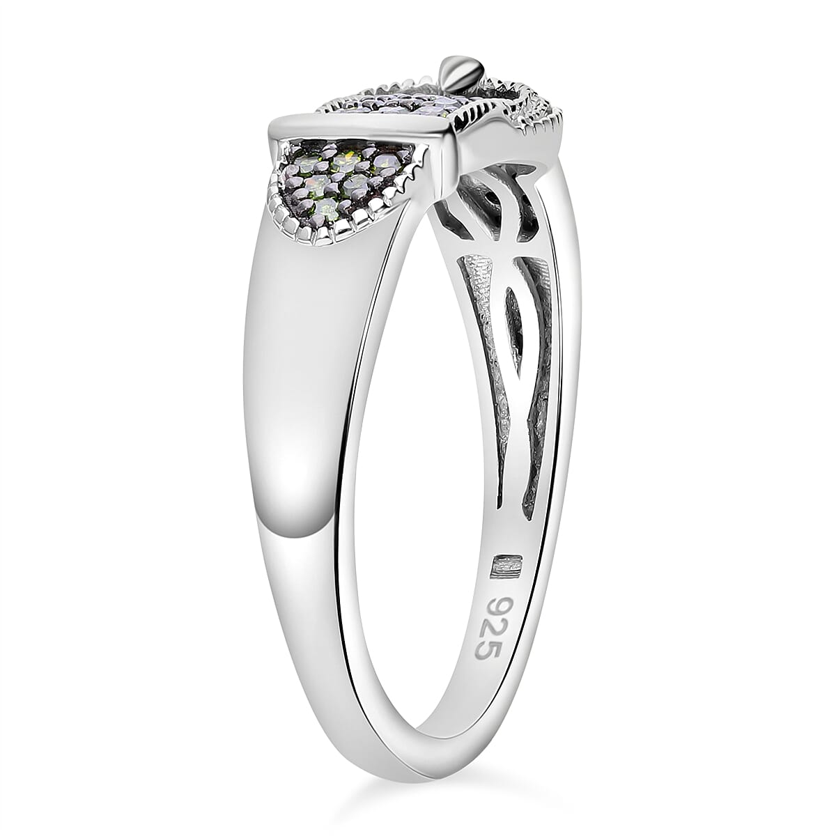 Designer Inspired Closeout - Green Diamond with White Diamond  Buckle Ring in Platinum Overlay Sterling Silver 0.25 Ct