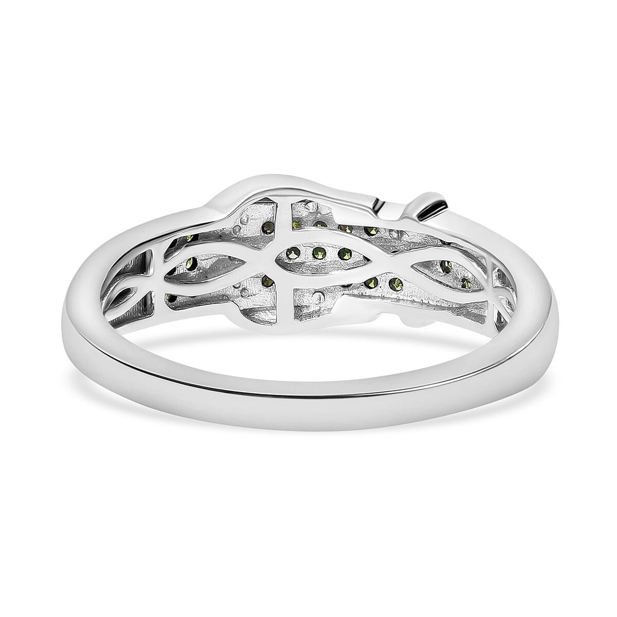 Designer Inspired Closeout - Green Diamond with White Diamond  Buckle Ring in Platinum Overlay Sterling Silver 0.25 Ct