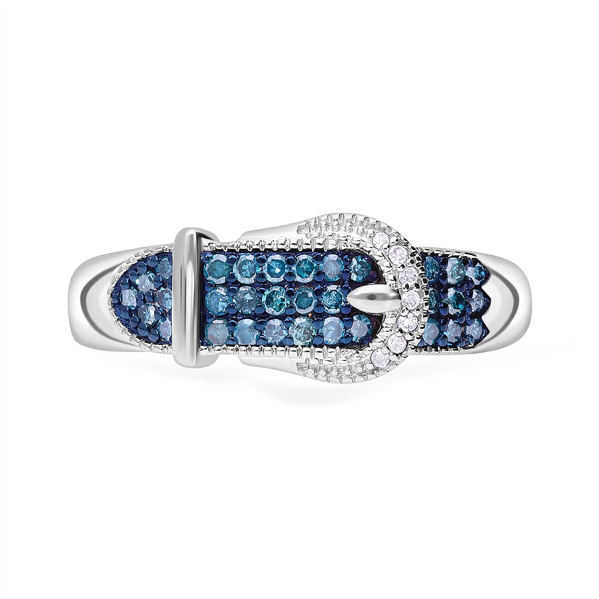 Designer Inspired Closeout - Blue Diamond with White Diamond  Buckle Ring in Platinum Overlay Sterling Silver 0.25 Ct