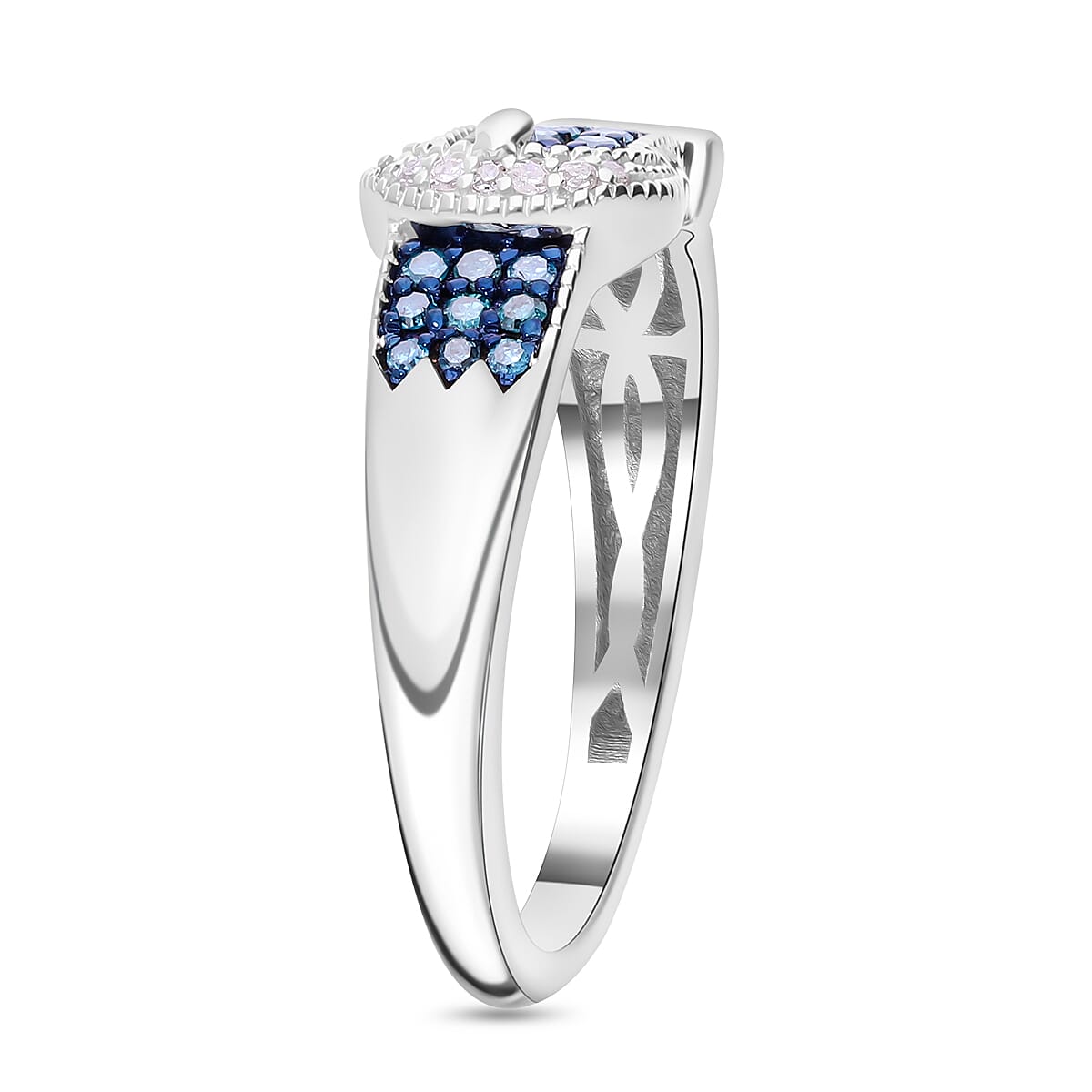 Designer Inspired Closeout - Blue Diamond with White Diamond  Buckle Ring in Platinum Overlay Sterling Silver 0.25 Ct