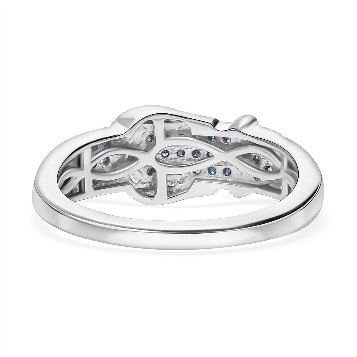 Designer Inspired Closeout - Blue Diamond with White Diamond  Buckle Ring in Platinum Overlay Sterling Silver 0.25 Ct