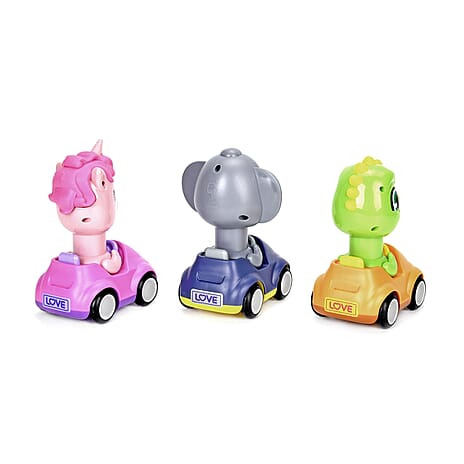 SET OF 3PC MANUAL Press Toy Cars-Unicorns, Baby Dinosaurs, Elephants - Pink Green & Grey