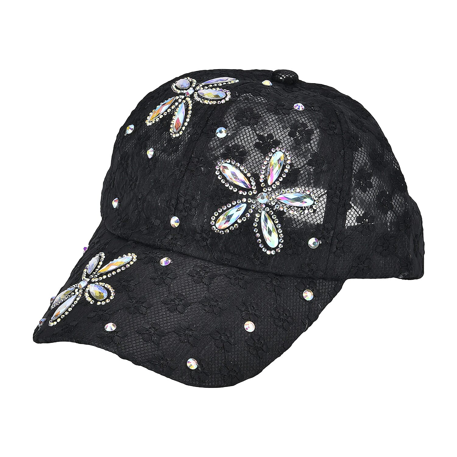 Stylish Sparkling Rhinestone Floral Cap (Size 58-60 cm) - Black