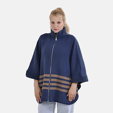 Tamsy Winter Striped Zip Poncho (One Size) - Blue