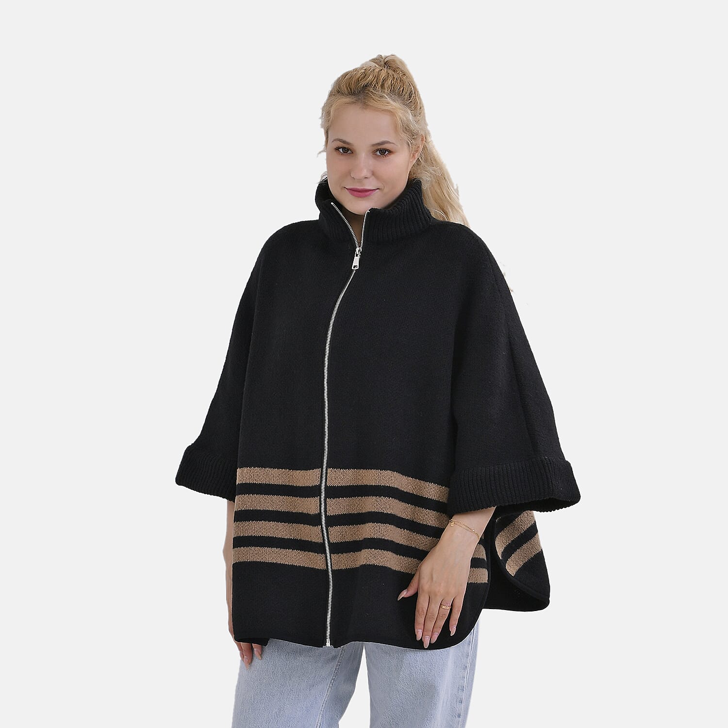 Tamsy-Polyester-Patterned-Poncho-Size-70x1-cm-Black-Blue