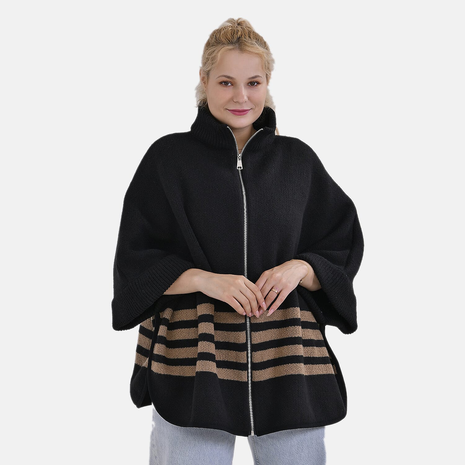 Tamsy Winter Striped Zip Poncho (One Size) - Black
