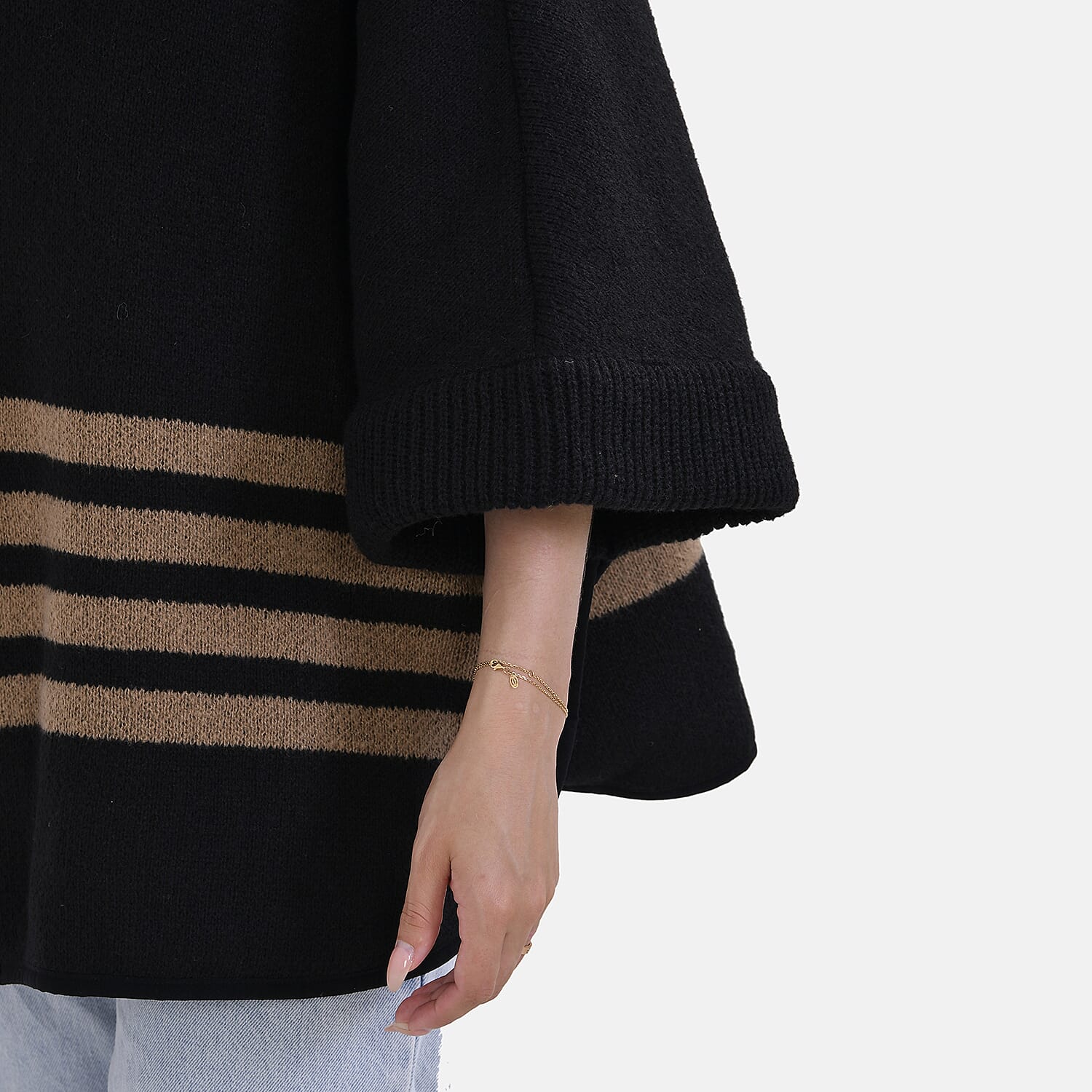 Tamsy Winter Striped Zip Poncho (One Size) - Black