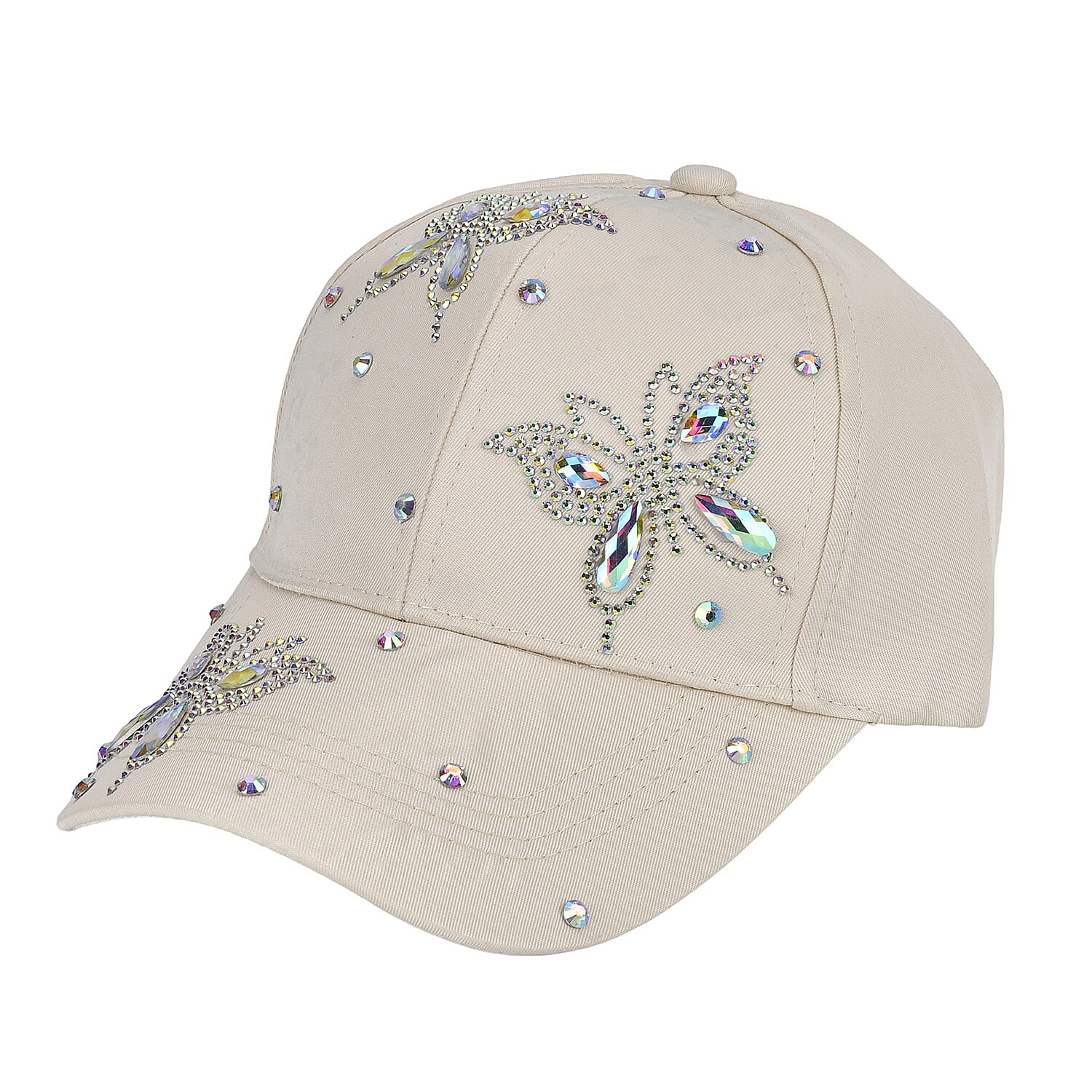 Rhinestones Cap with Butterfly Design - Beige