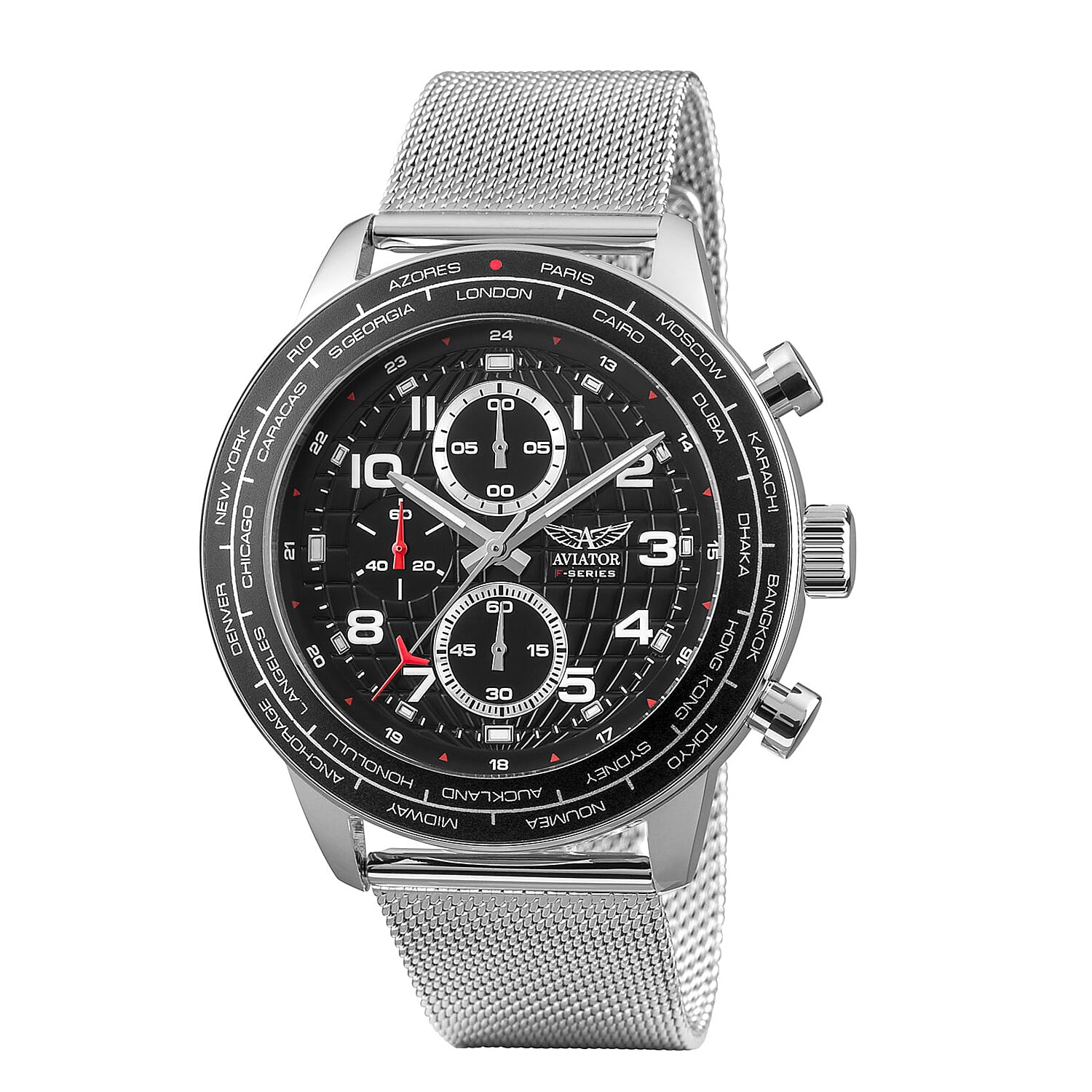 AVIATOR Chronograph with Data & Time Quartz Movt. Black Dial 10 ATM WR Ladies Watch in Stainless Steel Chain Strap