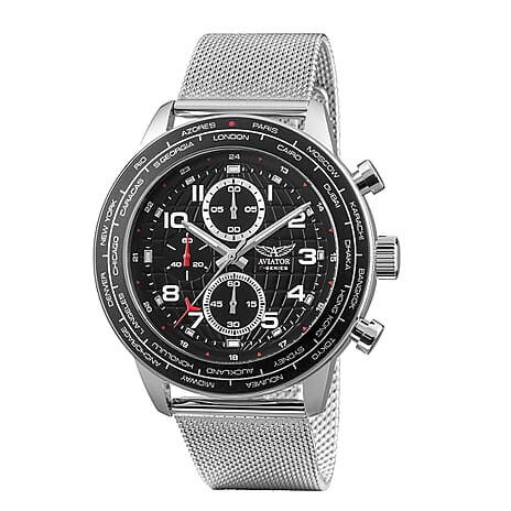 AVIATOR Chronograph with Data & Time Quartz Movt. Black Dial 10 ATM WR Ladies Watch in Stainless Steel Chain Strap