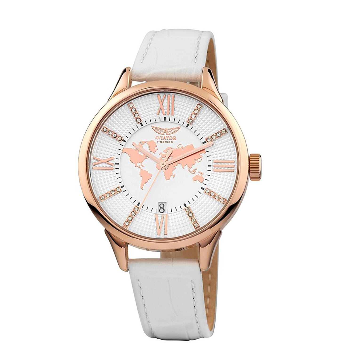 AVIATOR Analogue Quartz Movt. Rose Gold Case 3ATM WR Ladies Watch in Leather Strap With Rose Gold Tone AVIATOR Bracelet - White