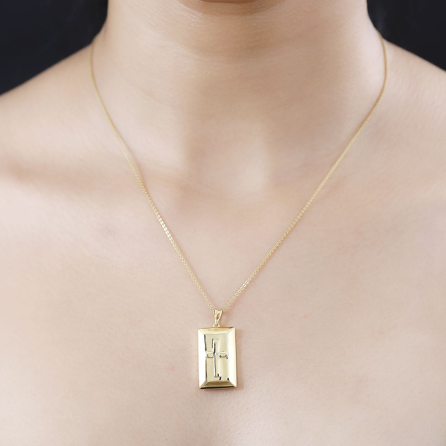 Yellow Gold Overlay Sterling Silver Diamond Cross Embossed Bar Pendant