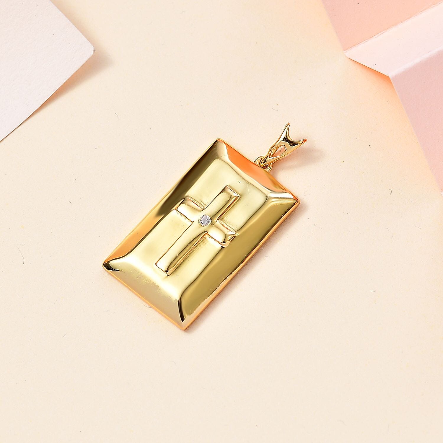 Yellow Gold Overlay Sterling Silver Diamond Cross Embossed Bar Pendant