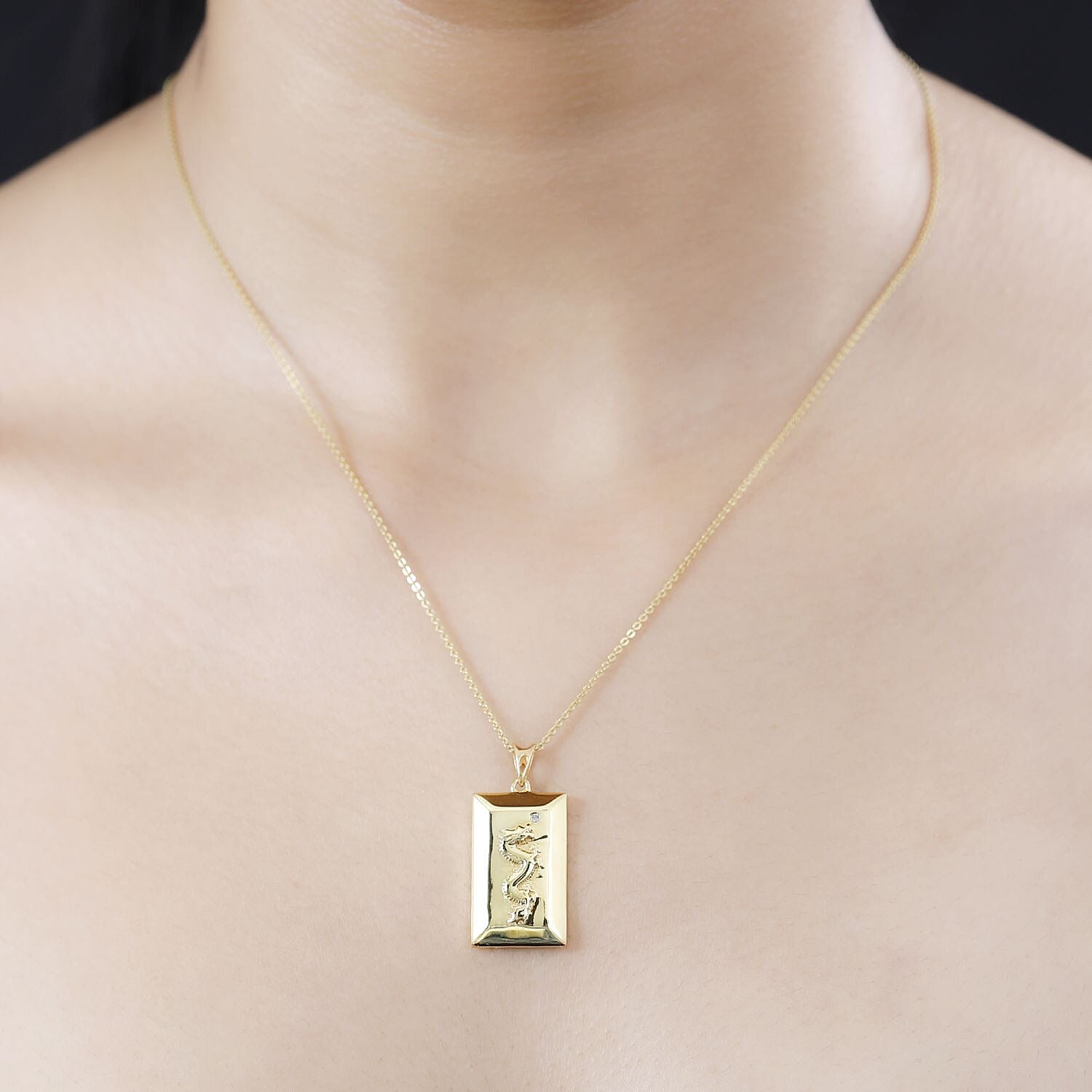 Yellow Gold Overlay Sterling Silver Diamond Dragon Embossed Bar Pendant