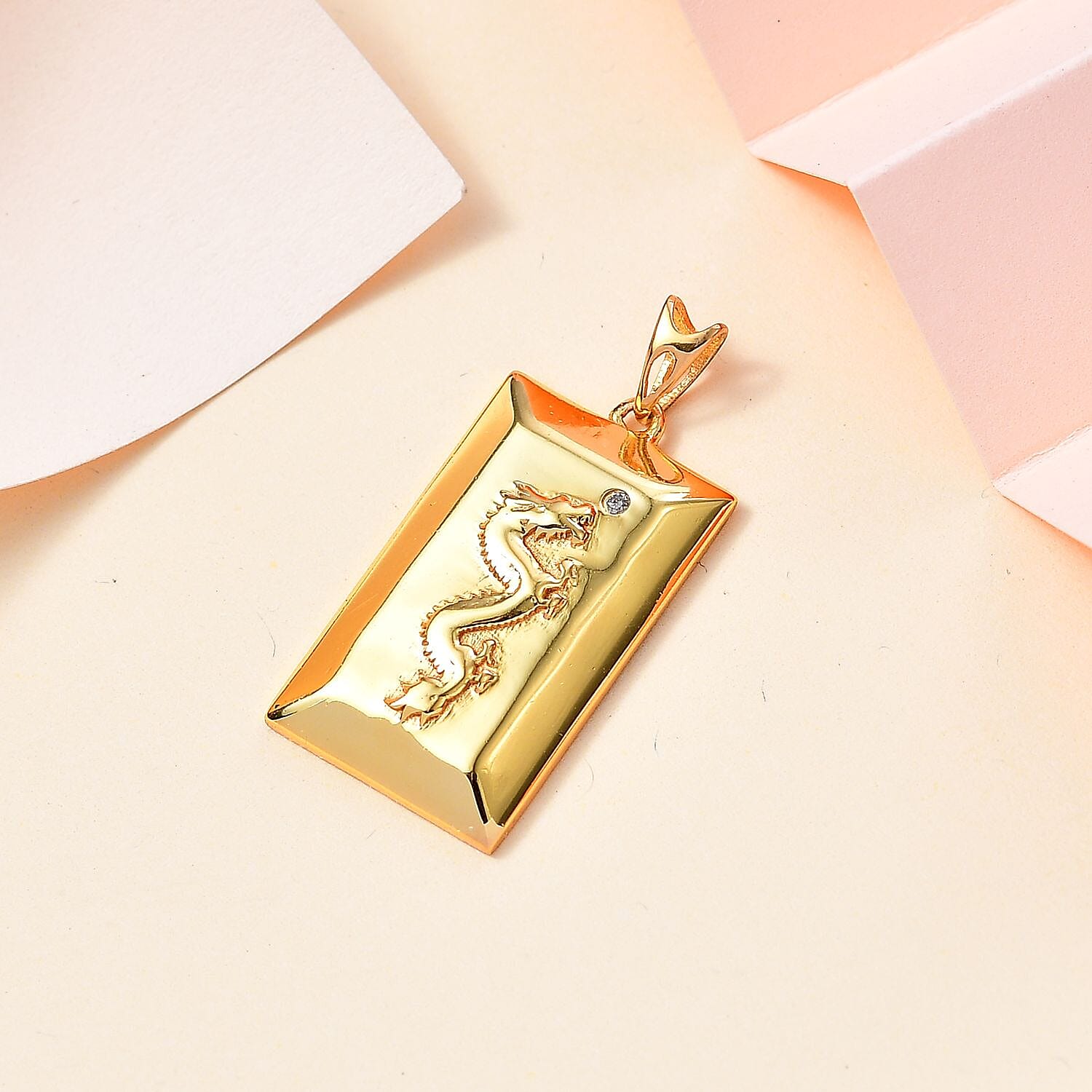 Yellow Gold Overlay Sterling Silver Diamond Dragon Embossed Bar Pendant
