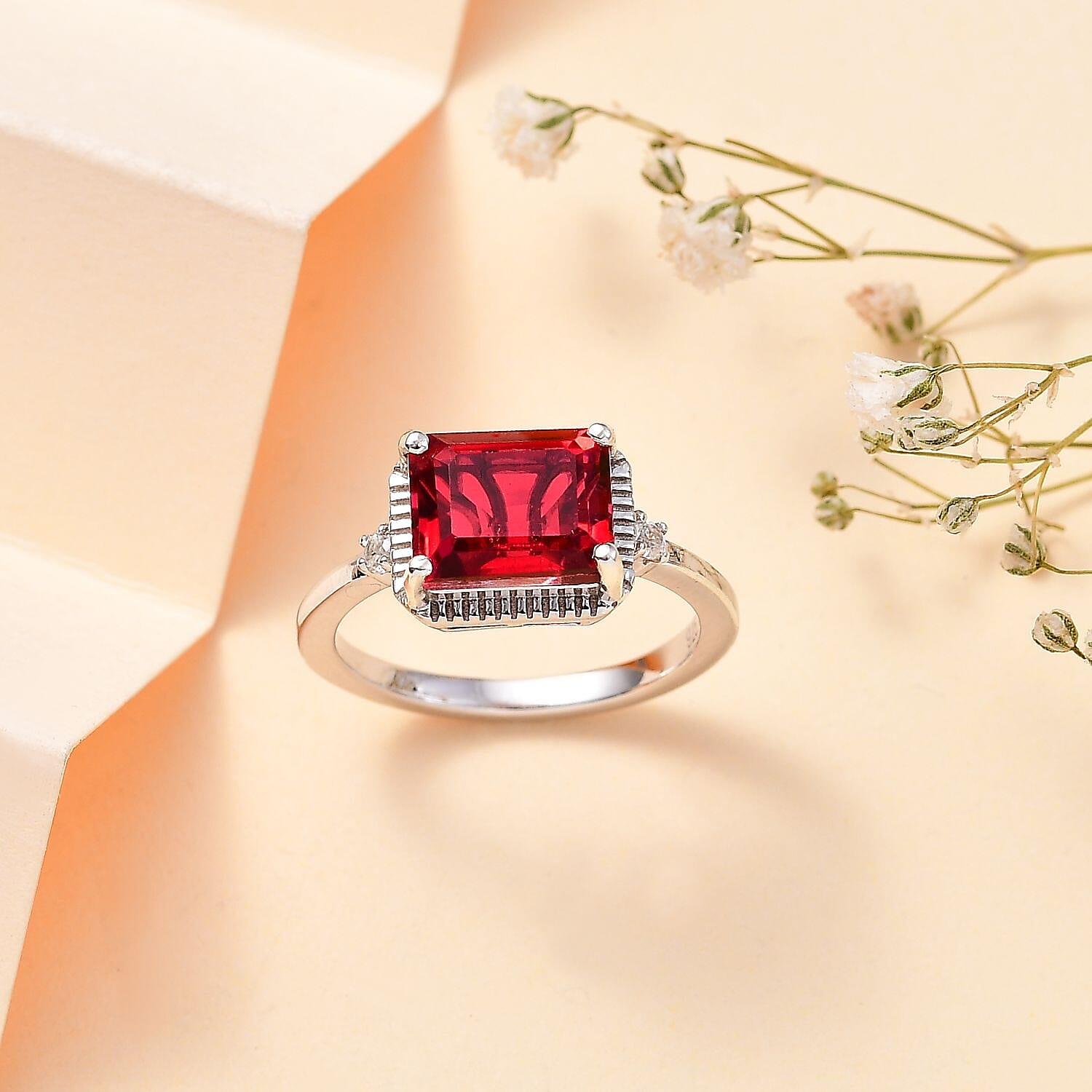 Blazing Red Quartz & Natural Ring in Rhodium Overlay Sterling Silver 2.72 Ct