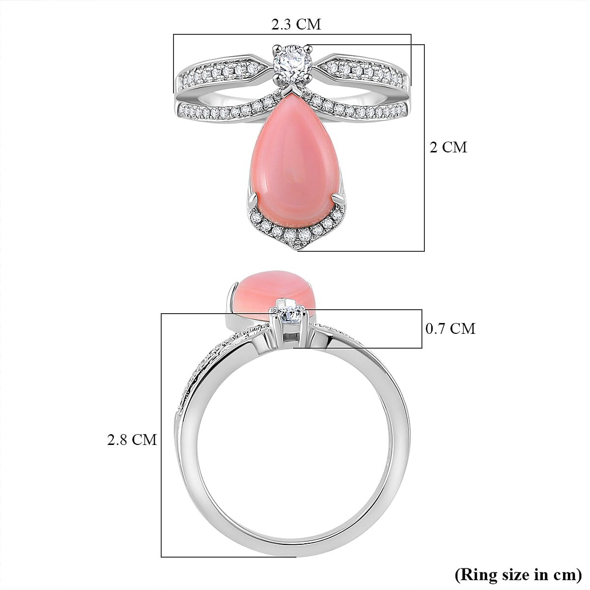 Queen Conch Shell & White Zircon Ring in Rhodium Overlay Sterling Silver 4.04 Ct