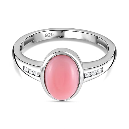 Pink Conch Shell, White Zircon Solitaire Ring in Rhodium Overlay Sterling Silver, 3.510 Ct.