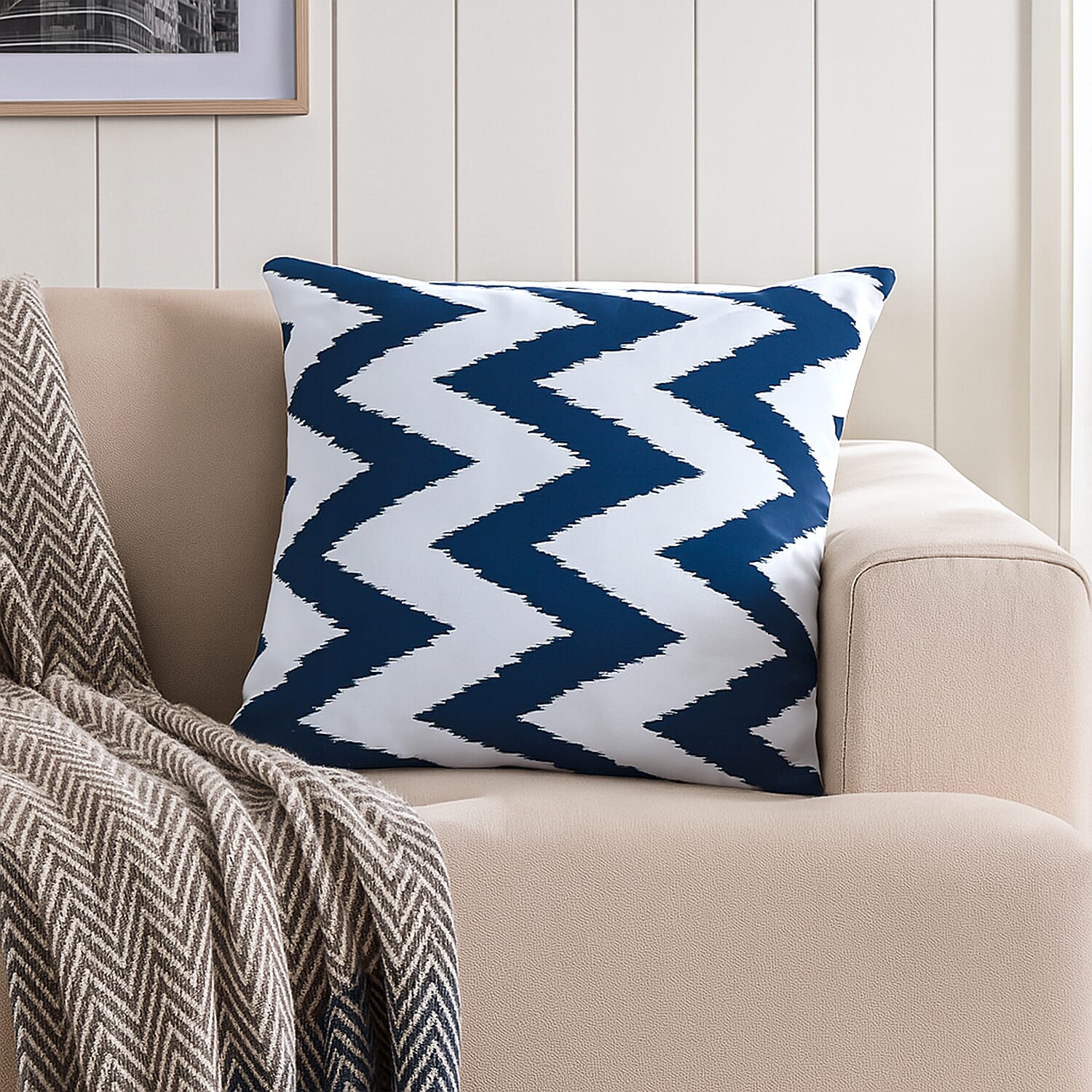 Summer Zig Zag Navy Printed Water Repellent Outdoor Cushion-Bed Linen-Dark Blue