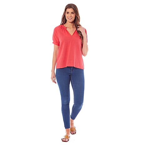 Charlotte West Ladies Linen Blend Short Sleeve Top (Size 10) - Coral