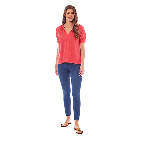 Charlotte West Ladies Linen Blend Short Sleeve Top (Size 10) - Coral