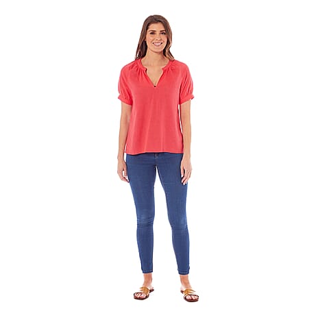 Charlotte West Ladies Linen Blend Short Sleeve Top (Size 10) - Coral