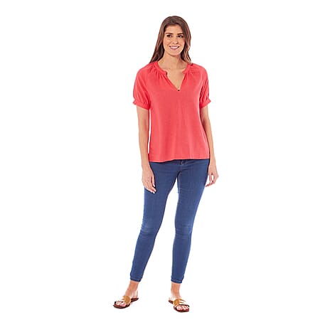 Charlotte West Ladies Linen Blend Short Sleeve Top (Size 10) - Coral