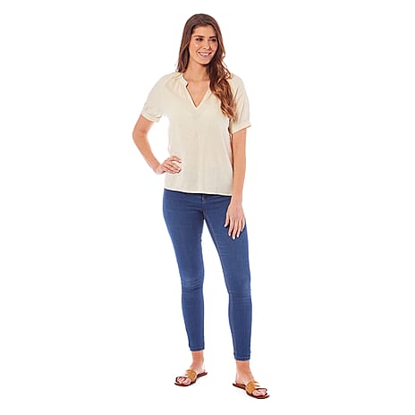 Charlotte West Ladies Linen Blend Short Sleeve Top (Size 10) - Cream