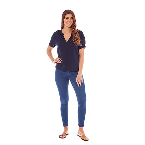 Charlotte West Ladies Linen Blend Short Sleeve Top (Size 10) - Navy