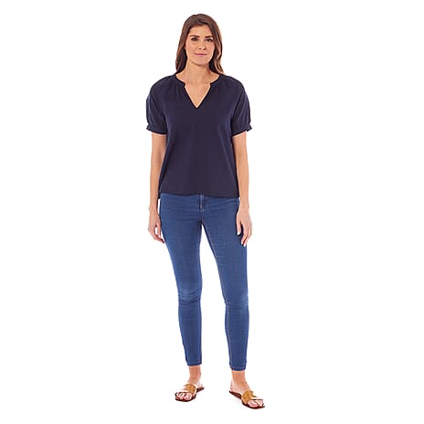 Charlotte West Ladies Linen Blend Short Sleeve Top (Size 10) - Navy