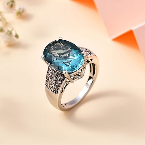 Teal Fluorite & Natural Zircon Ring in rhodium Sterling Silver 6.96 Ct